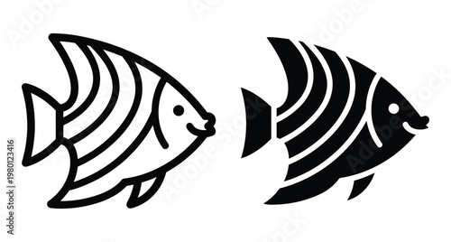 Angelfish icon set featuring outline and solid black silhouette designs of tropical marine fish for aquatic nature and aquarium themes