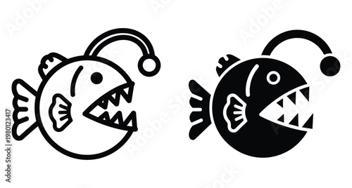Anglerfish icon set featuring deep sea predator with bioluminescent lure sharp teeth and fins in outline and solid black styles