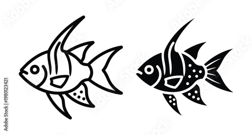 Banggai cardinalfish icon set featuring outline and solid black silhouette designs for marine biology aquarium and tropical sea life projects