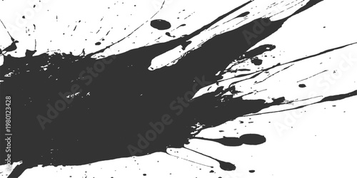 Grungy black ink splat and liquid paint blots create a dirty vector texture with artistic splashes, drips, and brush stains on a white silhouette pattern element