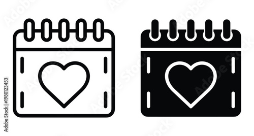 Calendar icon set with heart symbol for wedding date reminder valentine day event planning schedule appointment love anniversary celebration organizer