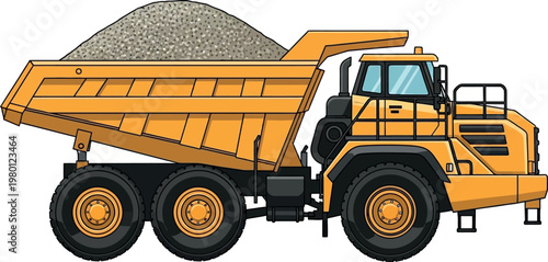 Dump truck vector illustration depicting a heavy yellow construction vehicle transporting gravel or dirt on a construction site environment for industrial projects, engineering design, road building i