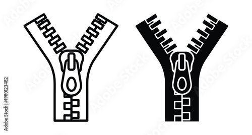 Zipper icon set with open fastener design in outline and solid black styles for clothing fashion and textile industry applications