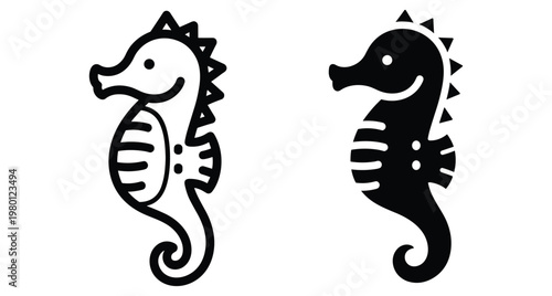 Seahorse icon set featuring outline and solid black silhouette styles for marine life ocean animal graphic design and web projects
