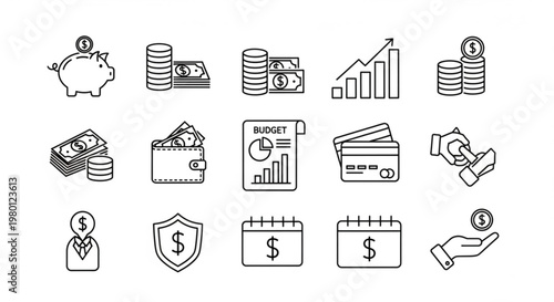 A set of financial icons including money, budget, and calendar symbols in a minimalist line art style