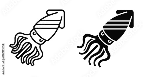 Squid icon set featuring outline and solid black glyph styles for seafood restaurant menus marine biology and ocean life designs