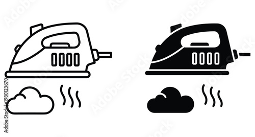 Electric steam iron icon set featuring outline and solid black silhouettes for laundry service garment care and household appliance design