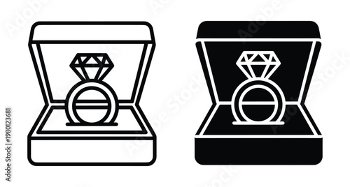 Diamond engagement ring in open jewelry box icon set featuring line and solid styles for wedding proposal marriage and retail store