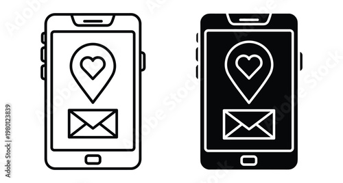 Smartphone mobile app icons showing heart location pin and email message for dating service digital communication and romantic online connection