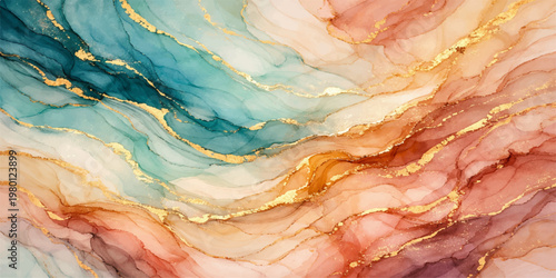 An abstract watercolor painting features a textured pattern of pink and red slices resembling smoked ham or marbled beef on silk paper, blending food art with a rose-colored wash design