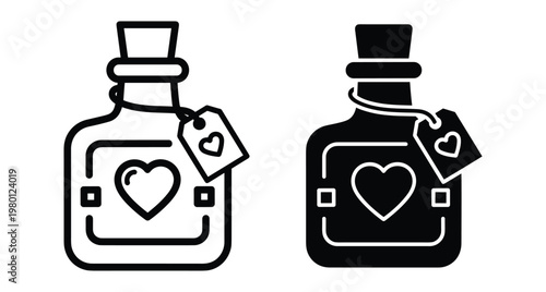 Love potion bottle icon set with heart symbol and tag for valentine day romance magic elixir glass container graphic