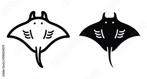 Manta ray stingray sea creature ocean animal icon set in outline and solid black silhouette style for marine life design