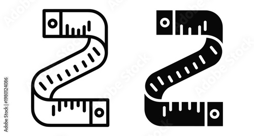 measuring tape icon set for tailoring sewing fitness and construction projects featuring outline and solid black vector graphic design elements