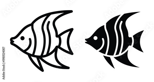 Angelfish icon set featuring outline and solid black vector designs for marine life aquarium and tropical sea animal graphic projects