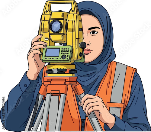Surveyor using theodolite for land measurement in this professional vector illustration depicting a female engineer wearing a hijab and safety vest operating modern construction equipment for building