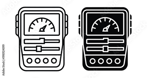 Handheld electronic multimeter diagnostic tool icon set with digital display screen analog gauge needle sliders and control buttons for testing