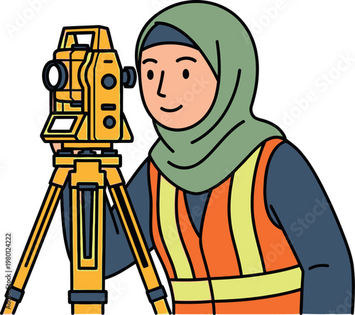 Land surveyor vector illustration featuring a female engineer wearing a hijab and high visibility safety vest while operating a professional optical theodolite equipment on a tripod for site construct