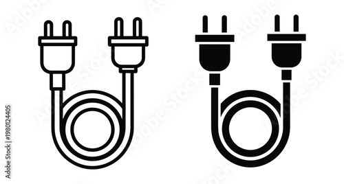 Electric plug icon set with cable wire and two prong connector in outline and solid black silhouette style for power