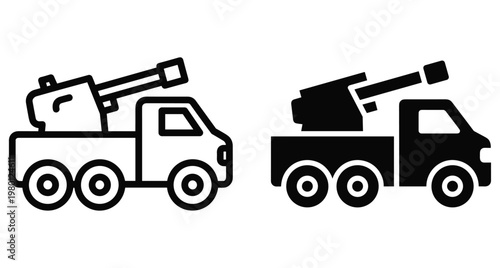 Military truck mounted artillery gun icon set featuring mobile howitzer vehicle for army defense warfare combat and tactical weapon systems