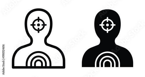 Human silhouette icons with target crosshair on head and concentric circles on chest for precision shooting and audience targeting concepts