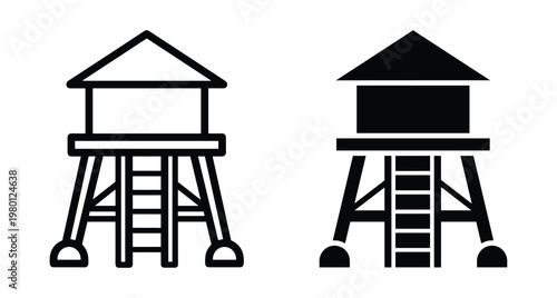 Water tower icon set featuring outline and solid black silhouettes of industrial reservoir tanks with ladders for storage and supply