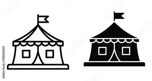 Circus tent icon set with outline and solid silhouette styles for carnival festival event entertainment and fairground park design