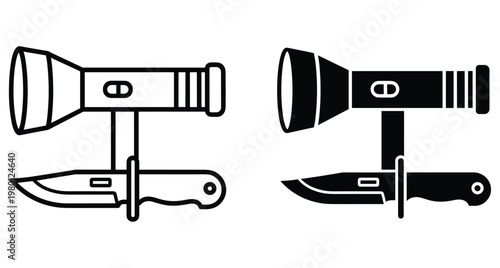 Tactical survival knife with integrated flashlight attachment icon set featuring outline and solid black silhouette styles for camping and hunting gear