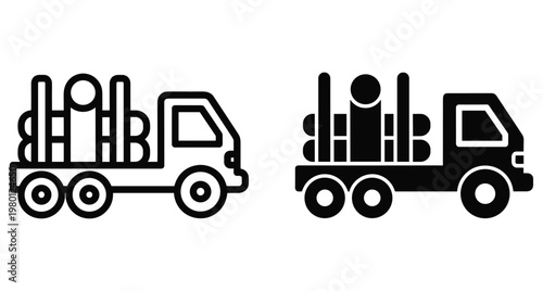 Logging truck icon set showing timber transport vehicle in outline and solid black styles for forestry industry and heavy machinery logistics