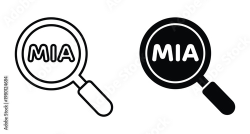Magnifying glass icon set with MIA text for missing in action search investigation detective finding lost person symbol graphic element