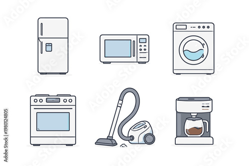 Minimalist Line Art Icon Set of Essential Household Appliances Featuring a Refrigerator, Microwave Oven, Washing Machine, Gas Stove, Vacuum Cleaner, and Coffee Maker on White Background