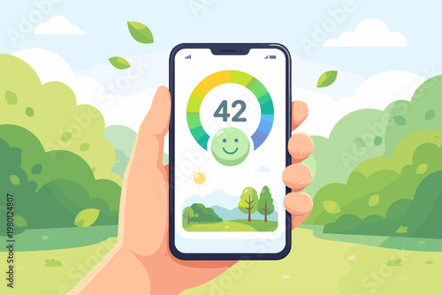 Hand holding a smartphone with an air quality monitoring app showing AQI 42 and a happy face, indicating healthy air levels in a green park with trees and blue sky, flat vector illustration.