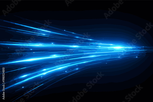 Abstract Blue Light Trails and Glowing Horizontal Lines on Dark Background Representing High Speed Technology, Data Transmission, Fiber Optics, and Futuristic Motion for Digital Connectivity Concept