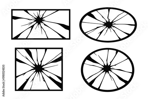 Collection of black and white silhouettes of four cracked broken mirrors and shattered glass in various geometric shapes like circle, square, rectangle, and oval. Simple flat vector illustration.