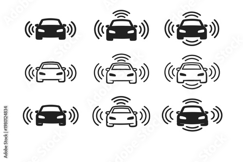 Autonomous Self-Driving Car Icon Set with Sensor Waves. Smart Vehicle Technology Symbols in Solid and Outline Styles for Driverless Transport, ADAS, Radar, Lidar, and Collision Avoidance Systems.