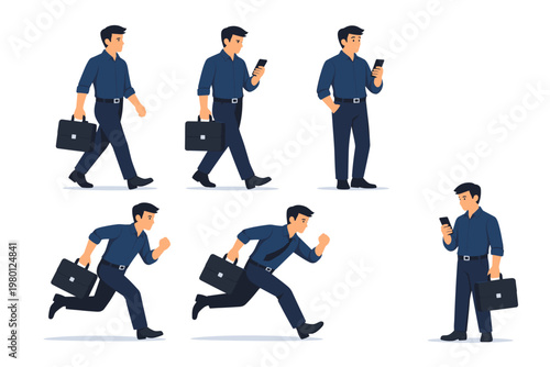 Businessman Character Set Wearing Dark Blue Shirt and Trousers Walking Running and Standing with Briefcase and Smartphone Vector Illustration of Professional Male Figure in Various Active Poses