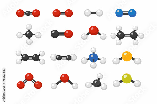 Set of Chemistry Gas Molecular Formula Models Including Carbon Dioxide, Oxygen, Hydrogen, Nitrogen, Methane, Carbon Monoxide, Water, Ammonia, and Ethylene for Science Education Vector Illustration