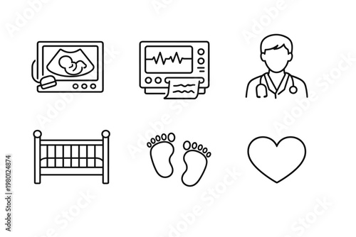 Pregnancy and newborn care line icon set featuring an ultrasound machine with fetus, fetal heart rate monitor, obstetrician doctor, baby crib, tiny infant footprints, and a heart symbol.
