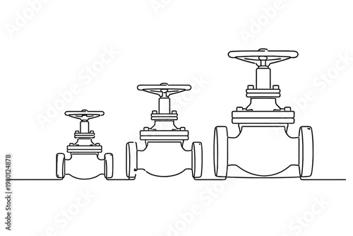 Continuous single line drawing of three industrial pipe valves in increasing sizes representing plumbing, gas, oil, or water infrastructure engineering, minimalist vector illustration for industry