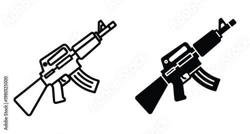 Assault rifle icon set featuring outline and solid silhouette versions of automatic firearm for military tactical defense and security design