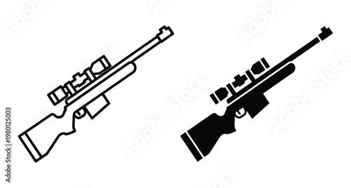 Sniper rifle icon set with outline and silhouette versions for hunting shooting sports military equipment tactical gear and weapon design