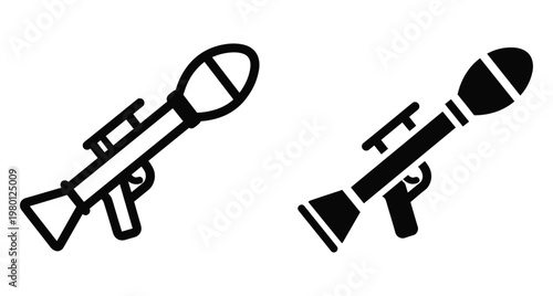 RPG launcher weapon icon set featuring outline and solid black silhouette styles for military combat defense and tactical equipment design