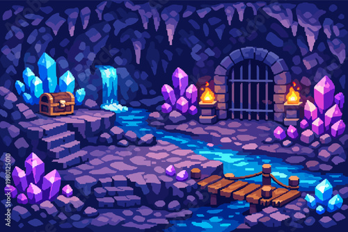 Pixel Art Fantasy Crystal Cave Dungeon Background Vector Illustration with Glowing Blue and Purple Crystals, Treasure Chest, Waterfall, Stream, Wooden Bridge, Iron Gate, and Torches for RPG Games