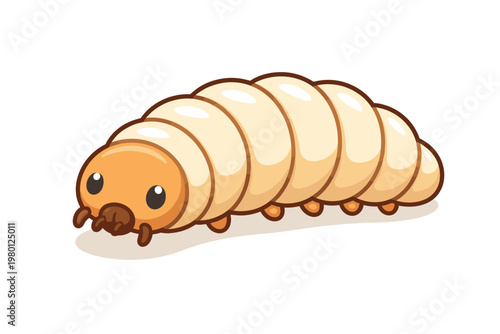 Cute Cartoon Larva Illustration, Simple Flat Vector Icon of a White Maggot or Caterpillar with an Orange Head and Segmented Body, Isolated on White Background for Pest Control, Nature, or Biology