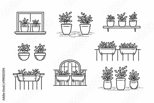 Set of Potted Plant Placement Line Icons Featuring Indoor and Outdoor Gardening Ideas like Window Sill Pots, Shelf Displays, Railing Planters, Wall-Mounted Pots, and Balcony Decor Elements