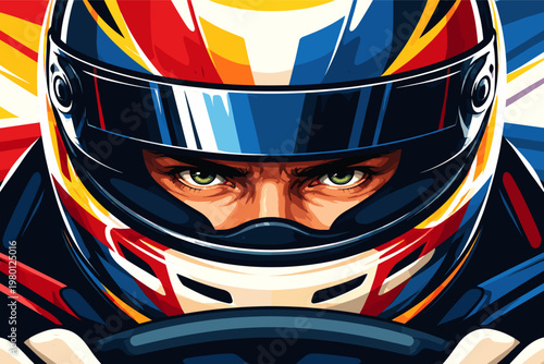 Intense close-up vector illustration of a professional racing driver wearing a colorful helmet with a focused gaze. Bold flat design graphic of a racer ready for competition in motorsport.