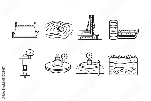 Geotechnical Engineering and Site Survey Line Icon Set with Drilling Rig, Topographic Contours, Soil Profile Stratigraphy, Core Samples, Boundary Plot, and Ground Investigation Testing Tools