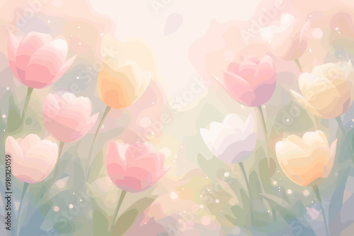 Spring Floral Background with Pastel Tulips, Soft Blurred Outlines and Dreamy Gradients, Ethereal Nature Scene with Glowing Bokeh Lights for Greeting Cards, Wedding Invitations, and Seasonal Art.