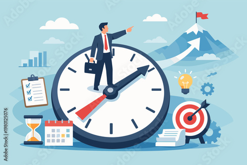 Business Time Management Concept with Professional Standing on Giant Clock Pointing to Success Mountain Peak, Featuring Checklist, Hourglass, Calendar, Target, and Idea Lightbulb Icons