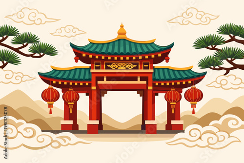 Traditional Chinese Pagoda Gate with Red Lanterns, Pine Branches, and Oriental Cloud Patterns. Flat Vector Illustration of Asian Architecture and Culture for Lunar New Year and Spring Festival.