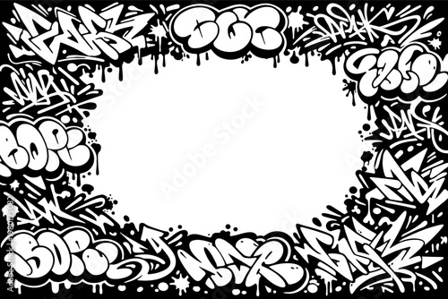Black and White Urban Graffiti Vector Background featuring Bold Pieces, Throw-ups, and Tags. Street Art Border Frame with Ink Drips and Splatters, Ideal for Hip Hop Culture and Creative Designs.